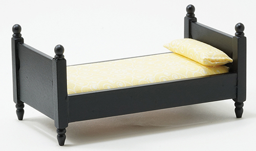 Dollhouse miniature SINGLE BED, BLACK WITH YELLOW FABRIC
